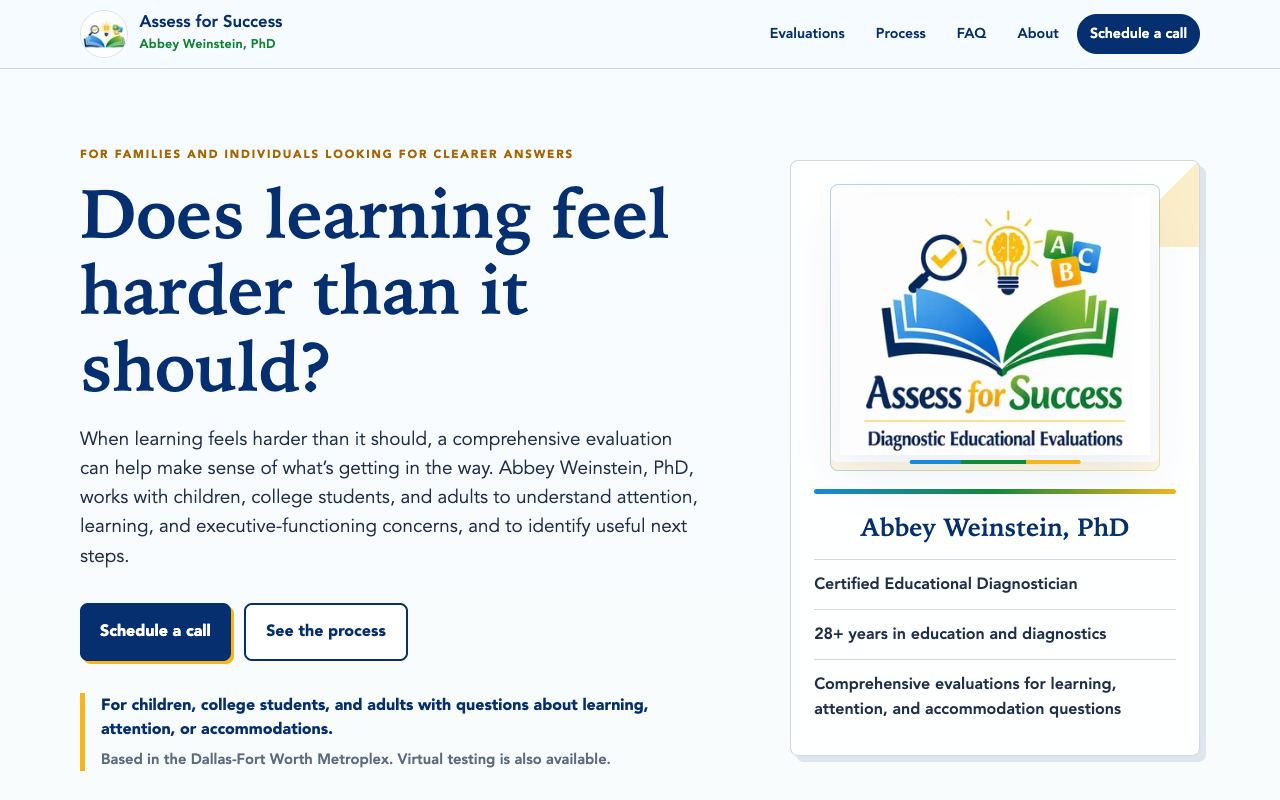 Assess for Success homepage asking whether learning feels harder than it should