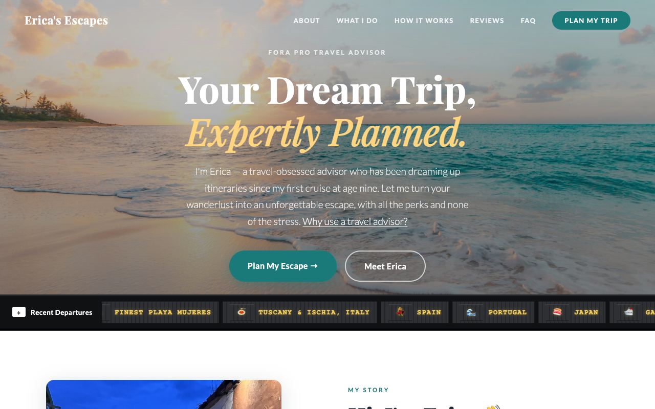 Erica’s Escapes homepage introducing personalized travel planning